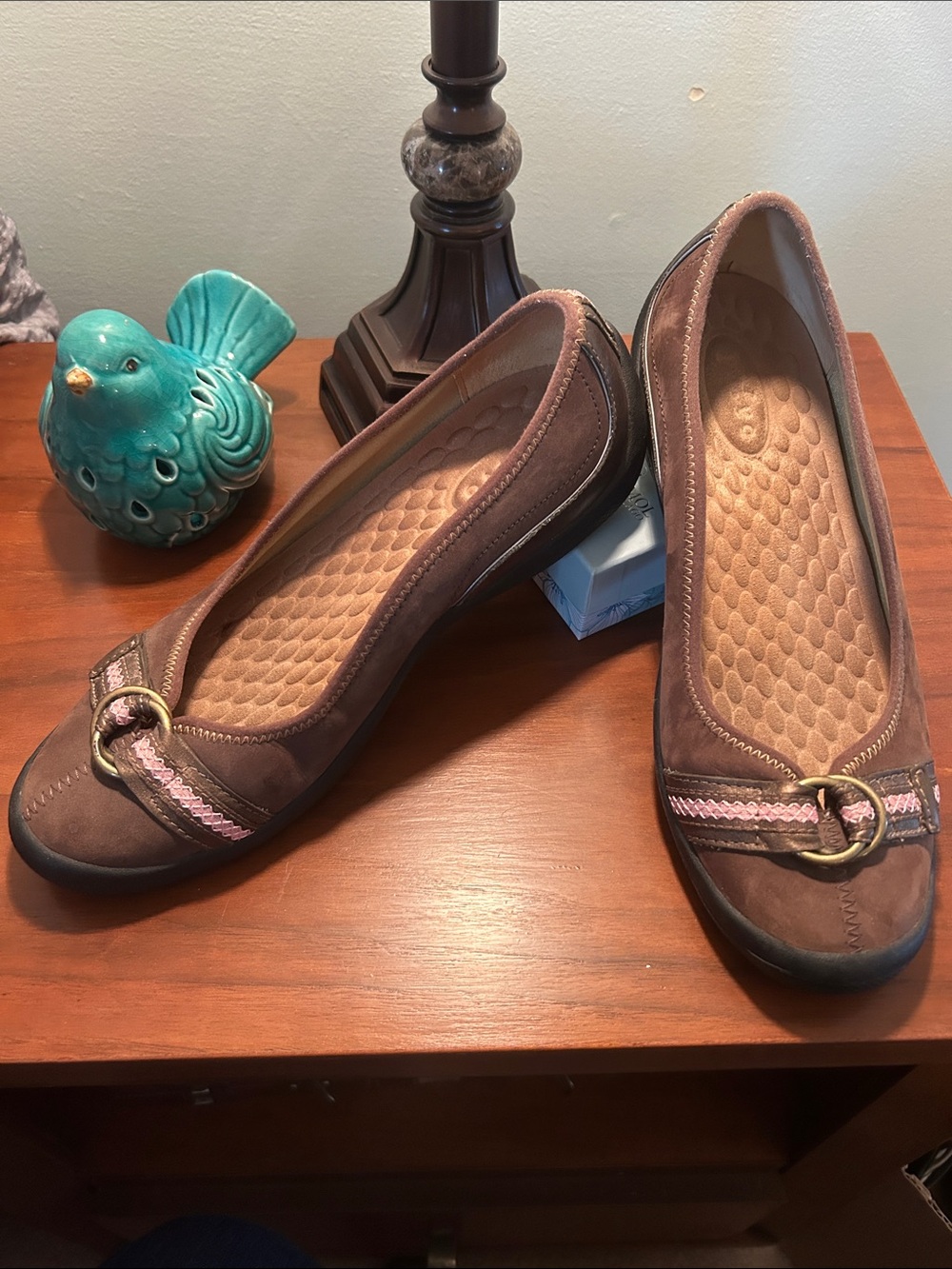 Brown Slip-On Flats with Pink Braid and Brass Ring Accent